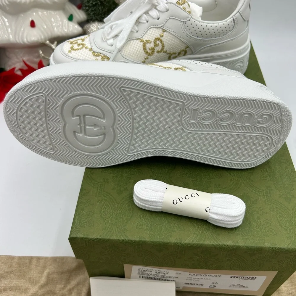 Gucci Women's platform low top sneakers in white leather with gold lame size 36 - Picture 8 of 9